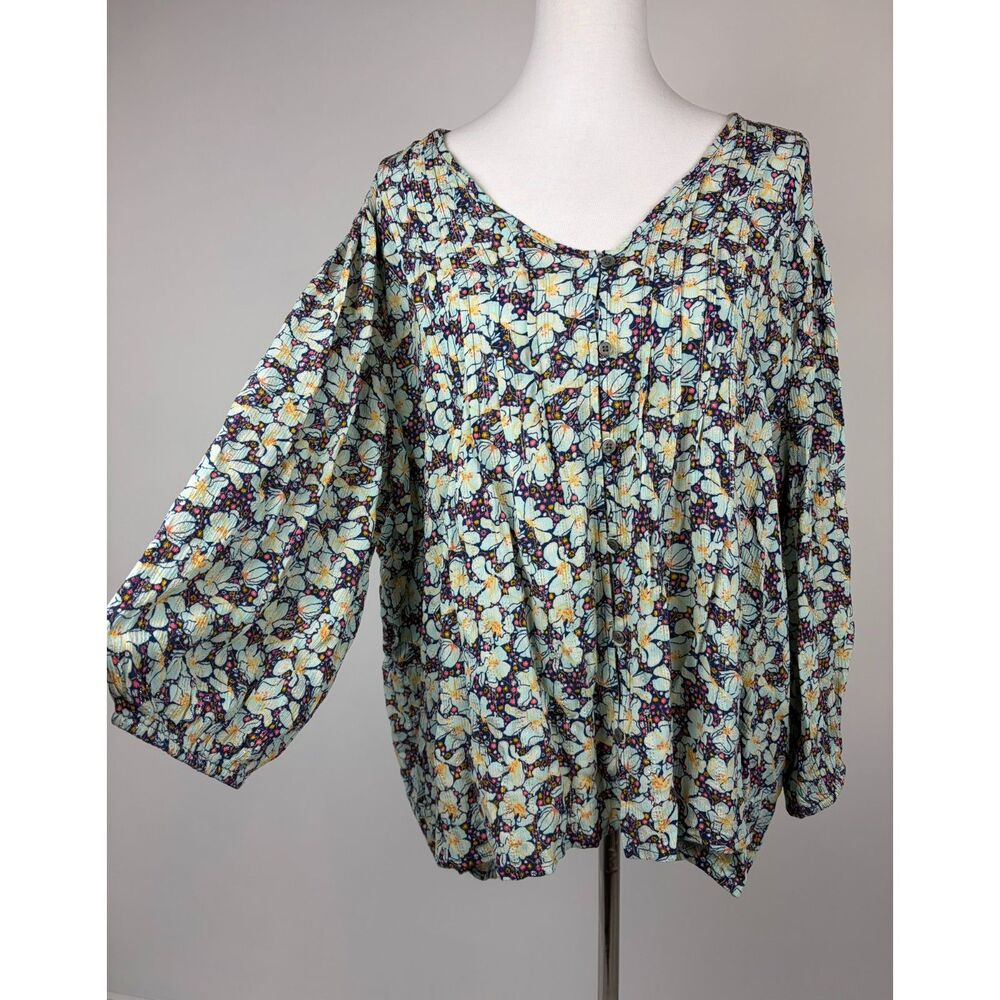 Style & Co Lurex Pintuck Floral Blouse Metallic Boho Cottage Balloon Sleeve 2X